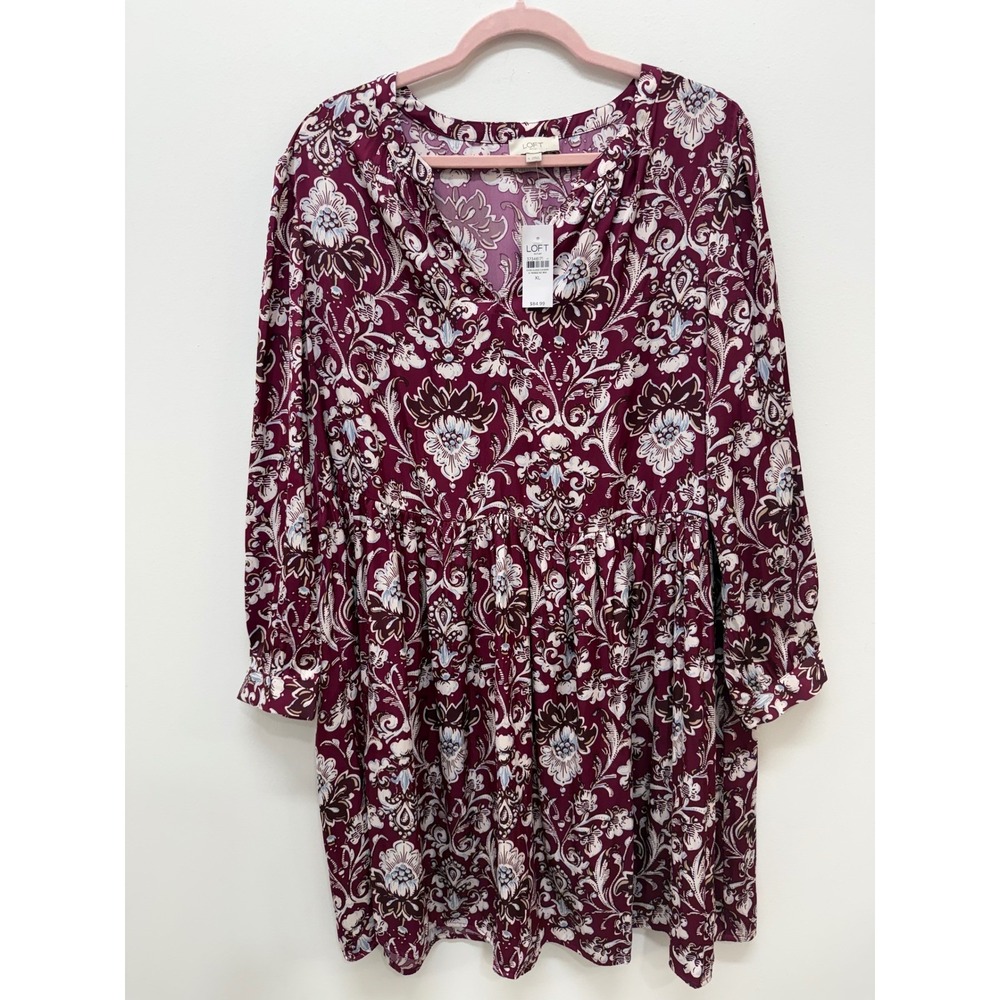 LOFT Floral V-Neck Long Sleeve Dress XL Burgundy Lavender NWT - Picture 2 of 8